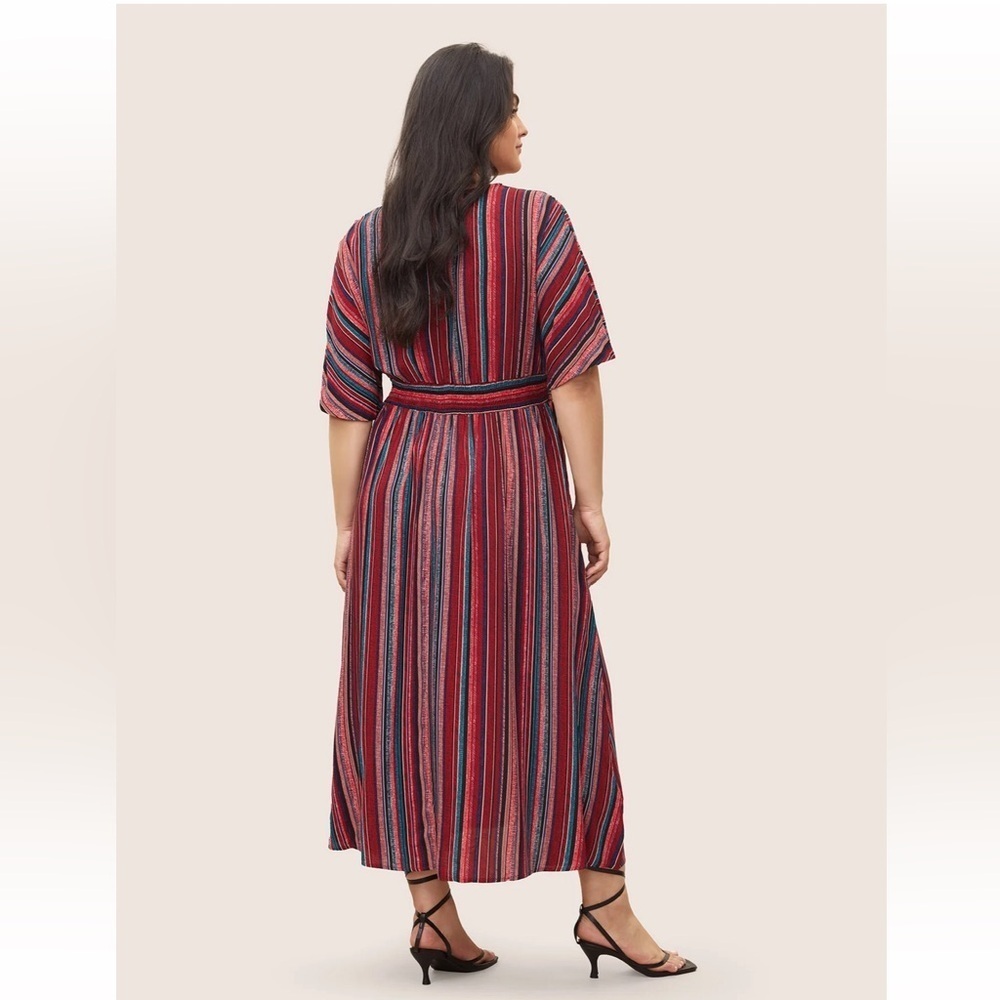 BloomChic Striped Contrast Dolman Sleeve Shirred Pocket Split Flutter Dress - Picture 2 of 7
